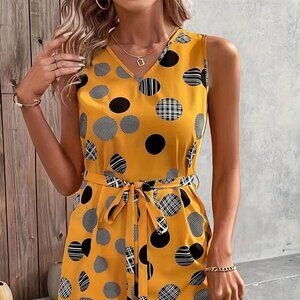 Travel Passions - Yellow Midi Polka Dot V-Neck Sleeveless Fit and Flare Dress